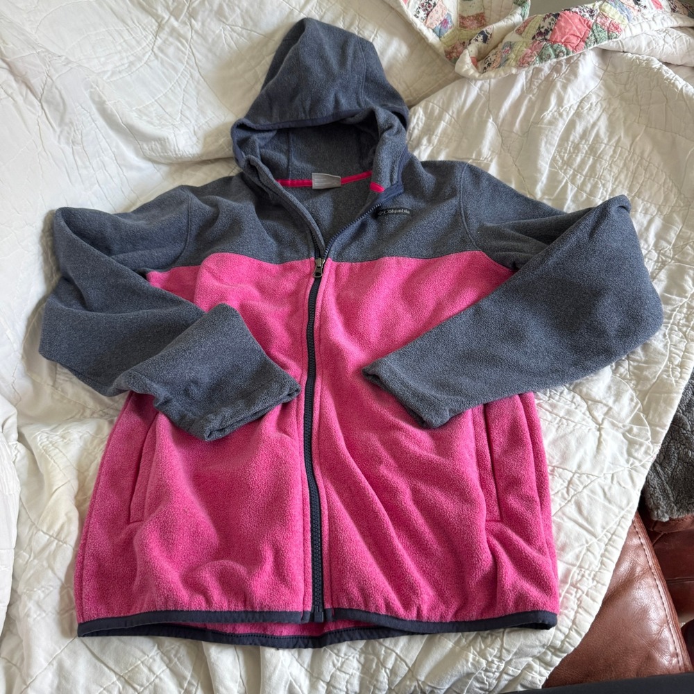 Columbia Girls XL 18/20 Pink Gray Colorblock Full Zip Fleece Hoodie Jacket